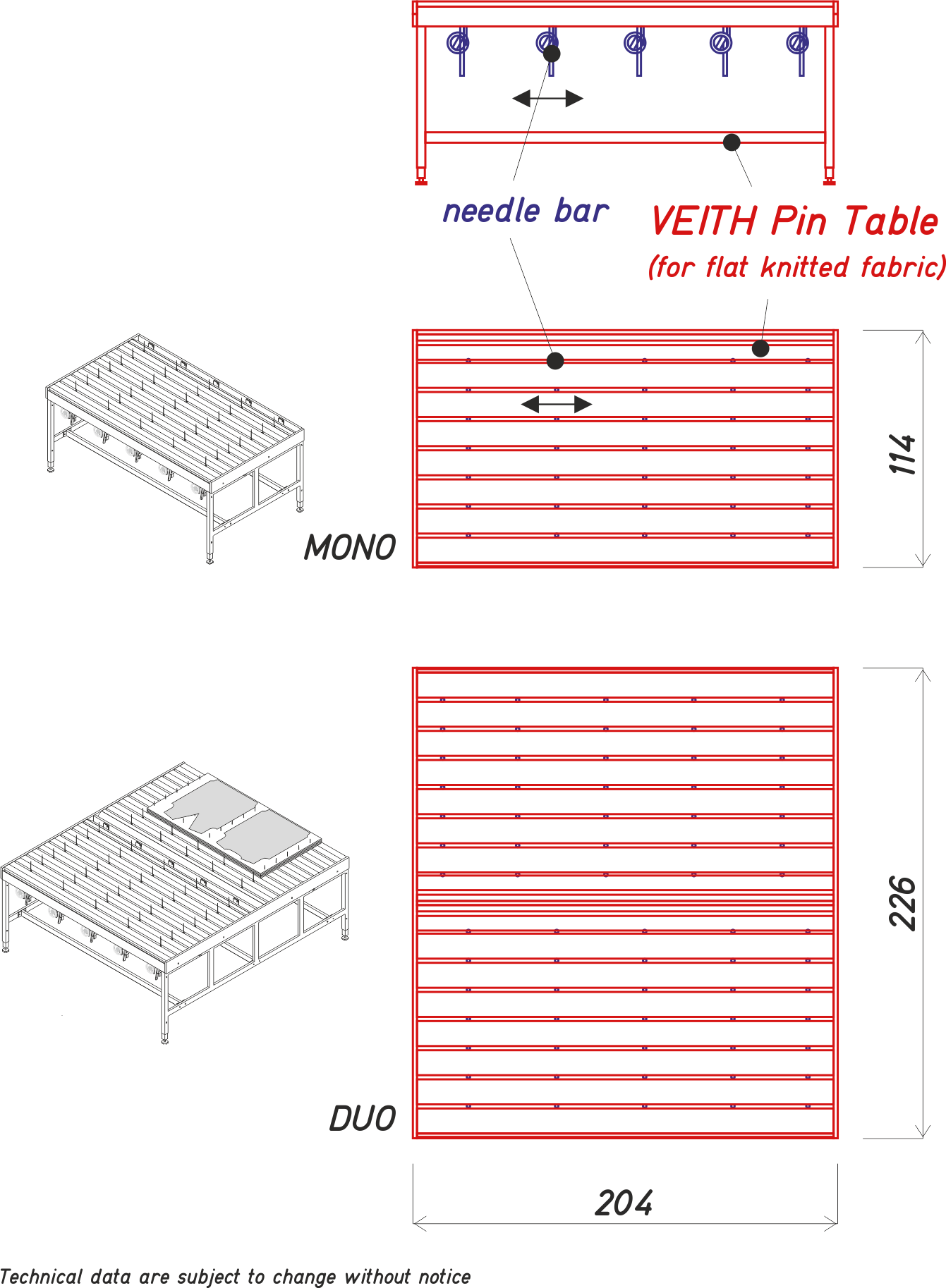 VEITH Pin Table flat knit tech data